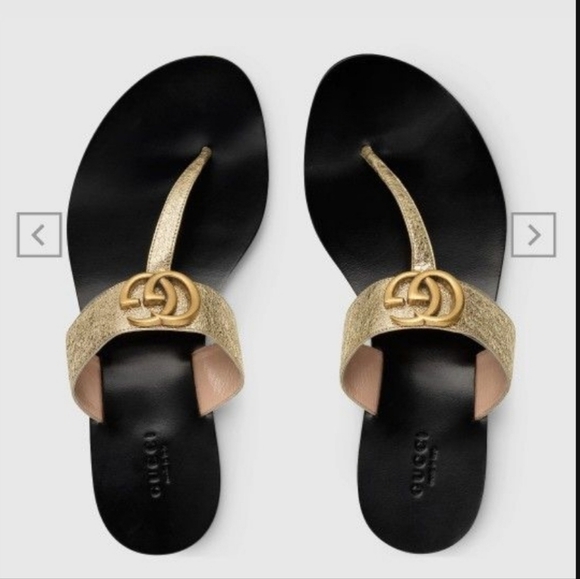 Gucci Shoes - Gucci Gold Metallic Leather Thong Sandals with Black Footbed